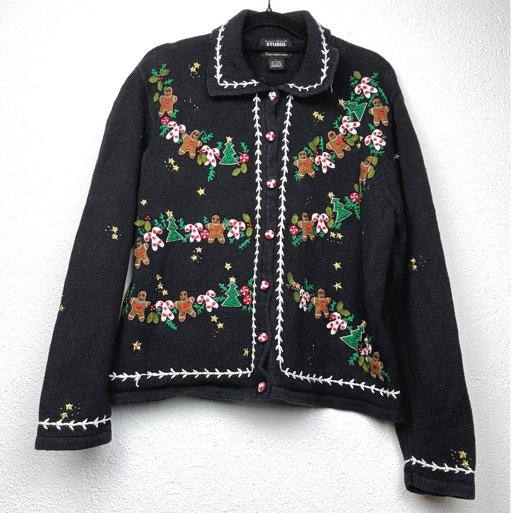 Designers Originals Black Cardigan - L - Gingerbread Holiday Knit Christmas Joy